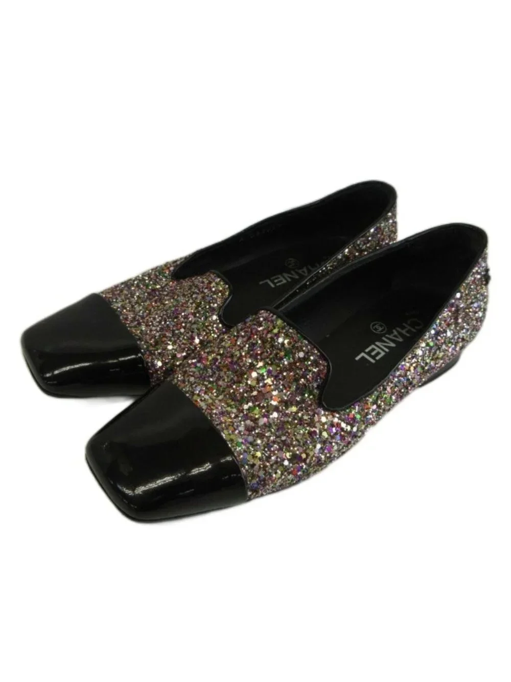 Chanel Glitter Patent Loafers Pumps Square Toe Flat CC Logo Multicolor
